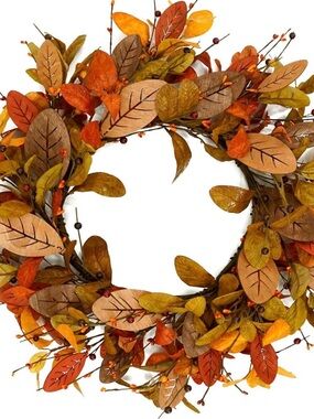 New Autumn Leaf Fall Wreath - Orange & Brown Holiday Decor